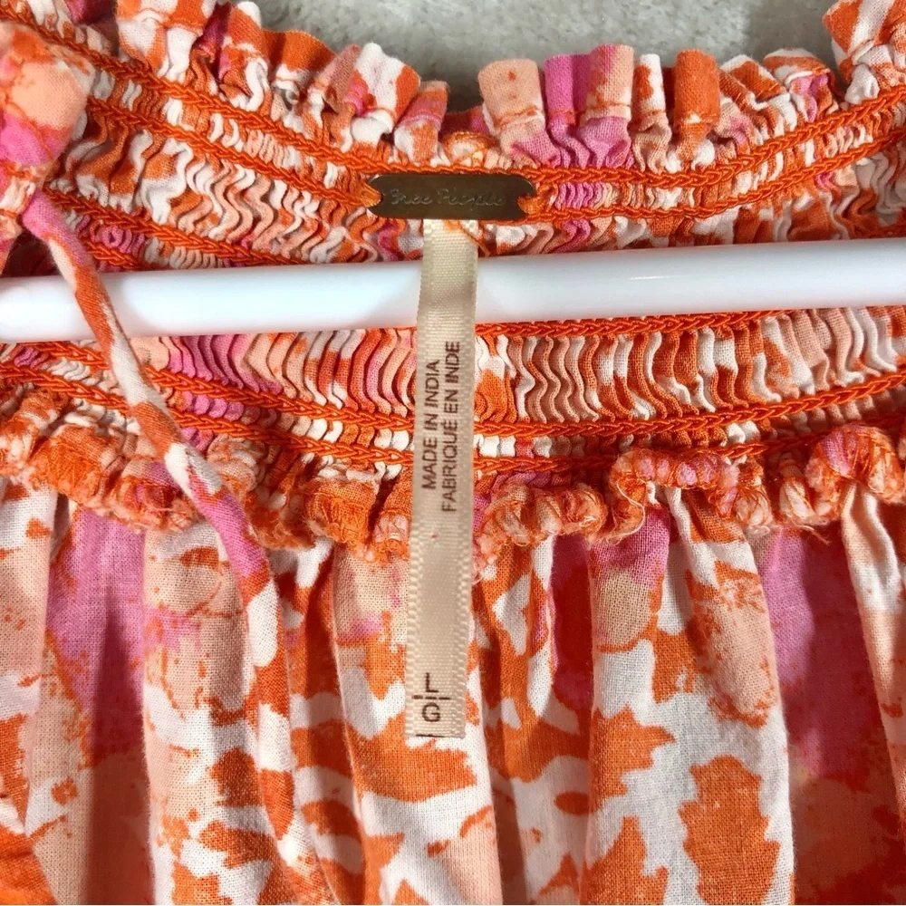 Free People Willow Printed Top Size L Orange Pink Floral Boho Peasant Flowy